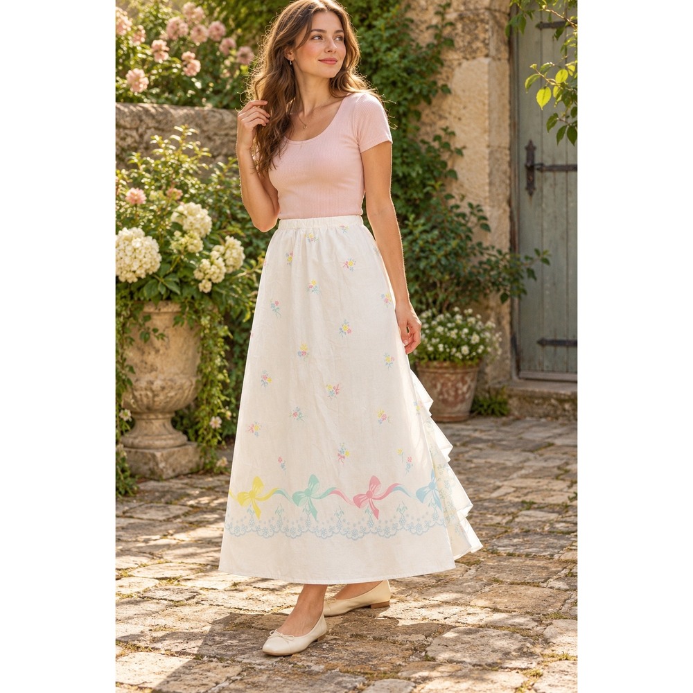 Vintage Avon Fashions Pastel Bow Floral Skirt Back Ruffle Cottagecore 6/8